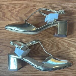 NEW J. Crew Metallic Gold T-Strap Heels Maximalist Classic Preppy Luxury Size 8